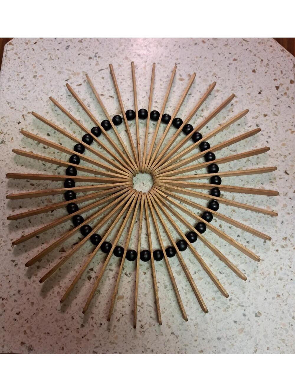 Vintage Sunburst Trivet Hand-crafted w/ Popsicle Sticks and Beads 10"